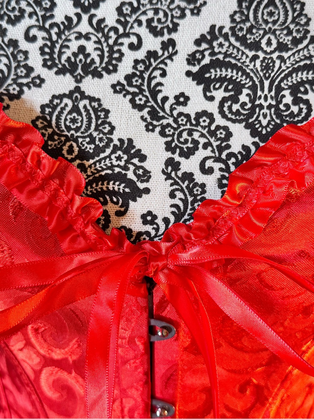 Red Satin Brocade Corset Top With Ruffles and Ribbons size M - Picture 2 of 11
